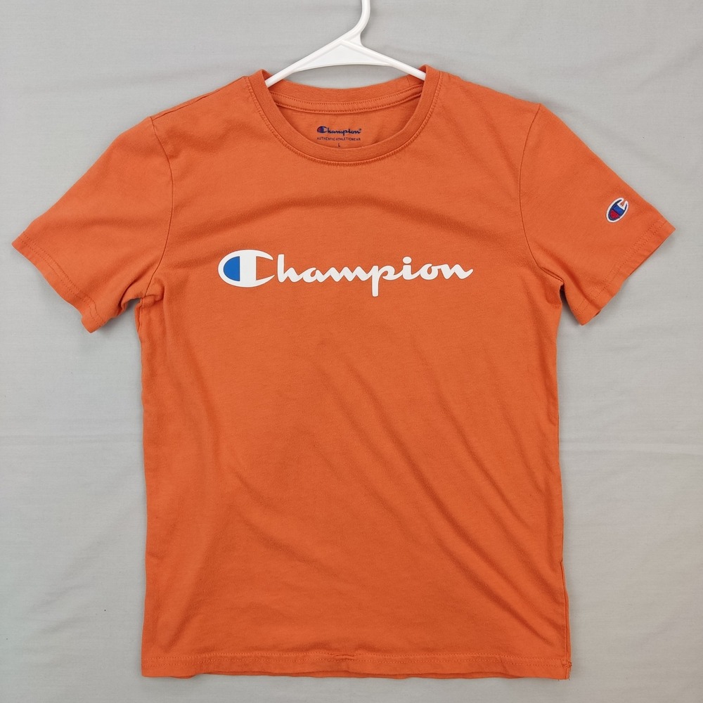 Champion T-Shirt Kids Large Orange Script Logo Crewneck Short Sleeve Tee
